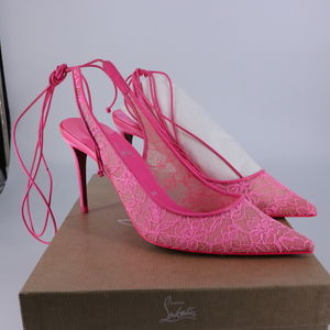 Christian Louboutin 37 Lace Up Kate 85mm Neon Pink Ankle Tie Heels Pumps E761